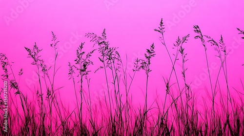 Silhouette of tall grass against a bright pink background is displayed