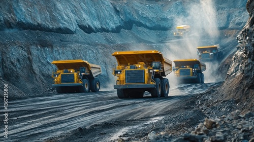 Gigantic automated mining trucks performing excavations within a quarry canyon