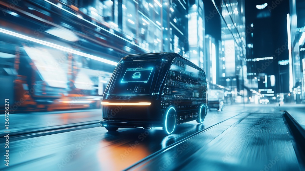 An AI powered self driving delivery vehicle navigating through a busy urban street in a futuristic city, glowing navigation interface, autonomous steering systems An AI powered self driving delivery vehicle navigating through a busy urban street in a futuristic city, glowing navigation interface, autonomous steering systems