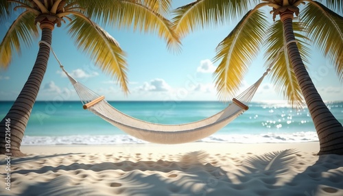 Serene White Hammock Between Palm Trees on Tropical Beach with Copy Space