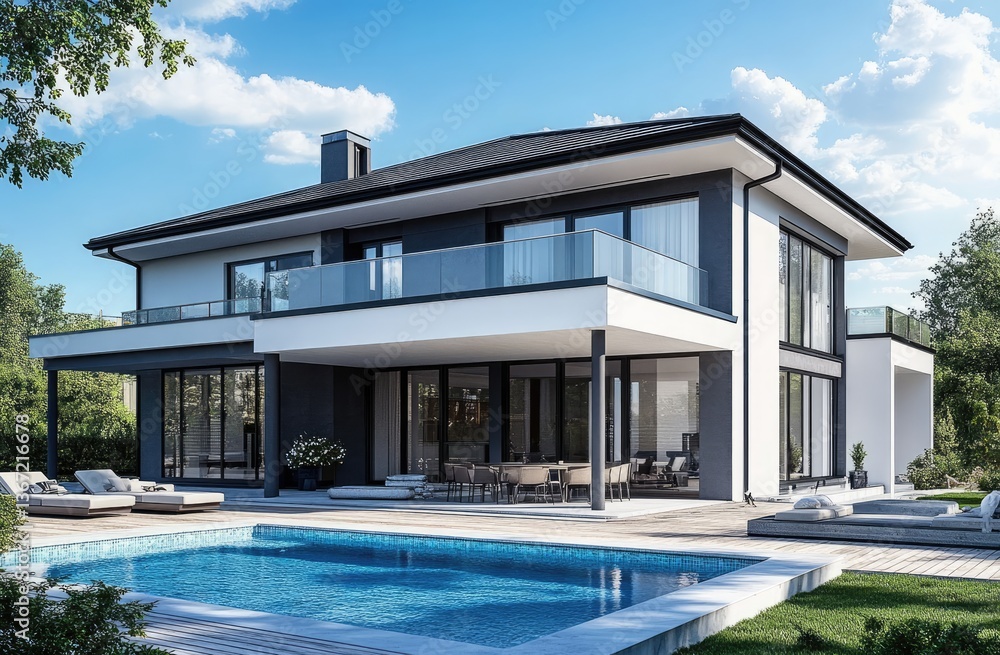 Fototapeta premium Modern luxury home with pool and deck. Spacious, contemporary design with a covered outdoor living area and swimming pool. Exterior features a combination of white and dark gray accents