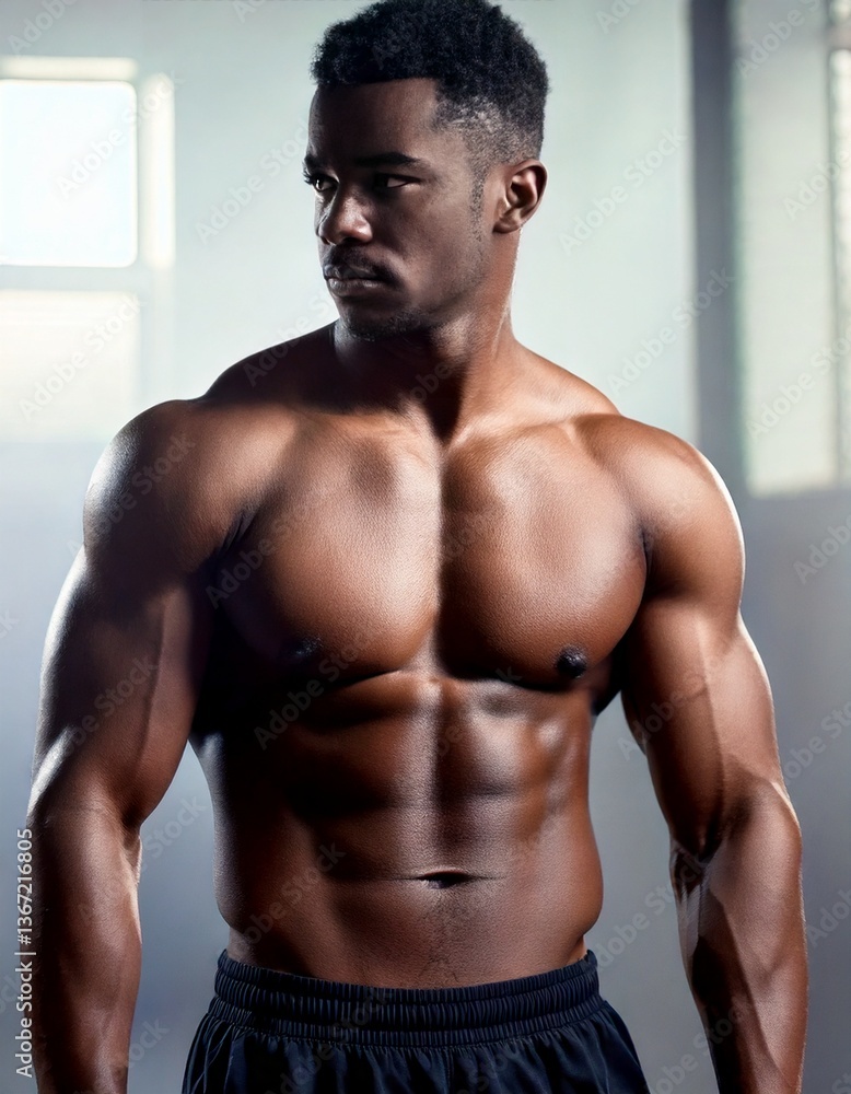 Fototapeta premium A handsome man with dark hair, muscular body in a gym