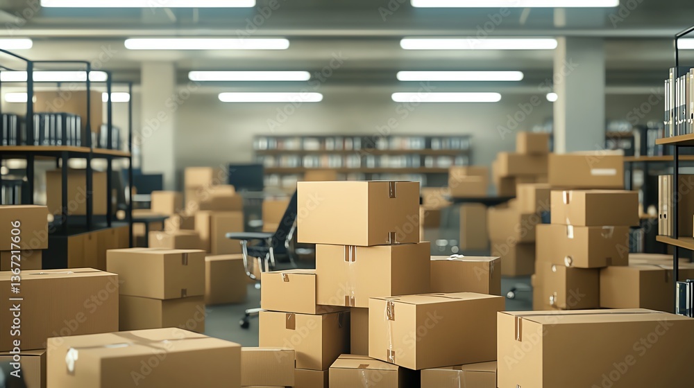 A busy warehouse filled with stacked boxes. A busy warehouse filled with stacked boxes.