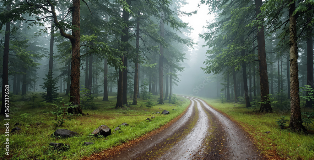 Fototapeta premium Serene forest path winding through tall trees with misty atmosphere, lush green grass, and scattered rocks, creating a peaceful nature landscape. Ai generative