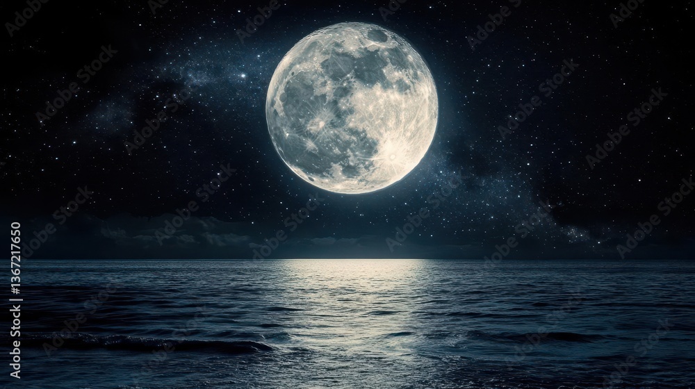 Fototapeta premium Full Moon Illuminating Calm Ocean Waters Under a Starry Night Sky with Mystical Reflection