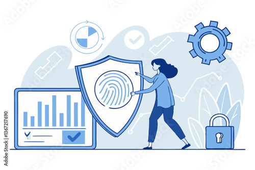 Modern flat style illustration of a woman interacting with a biometric shield interface, surrounded by data analytics, lock icon, and gear, symbolizing advanced cybersecurity and system protection.