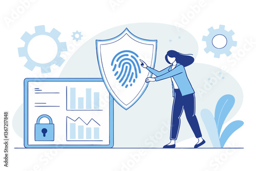 Modern flat style illustration of a woman interacting with a biometric shield interface, surrounded by data analytics, lock icon, and gear, symbolizing advanced cybersecurity and system protection.