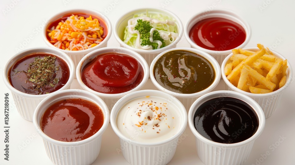 Variety of fast food sauces in little cups Variety of fast food sauces in little cups