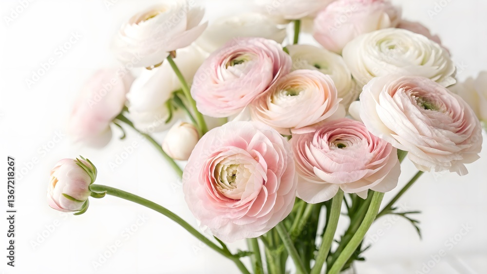 Soft Pastel Ranunculus Flowers in a Bunch, Isolated on a White Background, featuring delicate, layered petals, perfect for romantic and wedding decor, Clean and Delicate Floral Stock Photo Soft Pastel Ranunculus Flowers in a Bunch, Isolated on a White Background, featuring delicate, layered petals, perfect for romantic and wedding decor, Clean and Delicate Floral Stock Photo