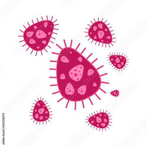 Viruses, germs and bacteria, microorganism types. Illness or disease microscopic cells and infection, microbes and antibodies. Dangerous pathogen, microbiology. Vector illustration