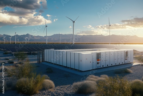 Renewable energy installation including battery storage, solar panels, and wind turbines