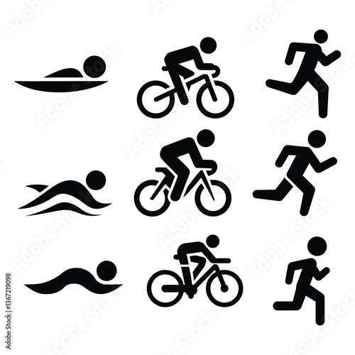 bicycle icon set. A set of black and white icons representing the three disciplines of a triathlon: swimming, cycling, and running. Simple Triathlon Icon Set for Sports or Fitness
