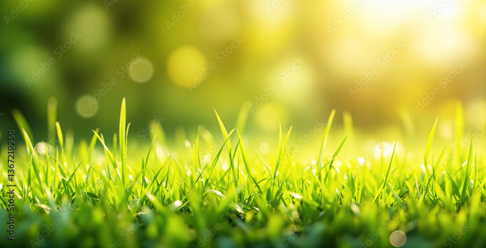 Obraz premium Lush green grass in close-up with bright sunlight, creating a beautiful nature background. The blurred backdrop adds depth and warmth. Ai generative