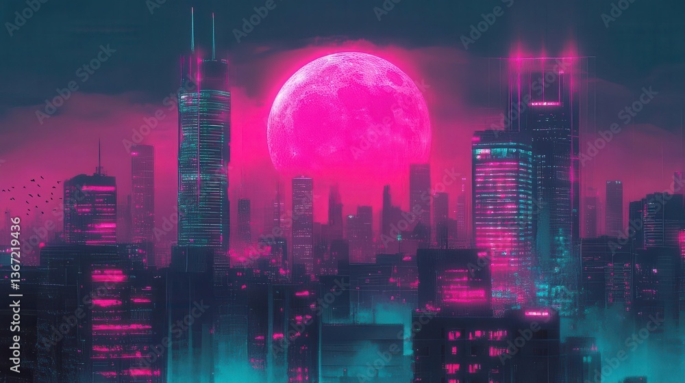 Fototapeta premium Futuristic City Skyline at Sunset with Neon Colors and Vibrant Atmosphere in a Dreamlike Environment