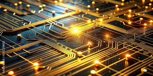 Abstract Glowing Gold Circuit Board: Digital Network Technology Background