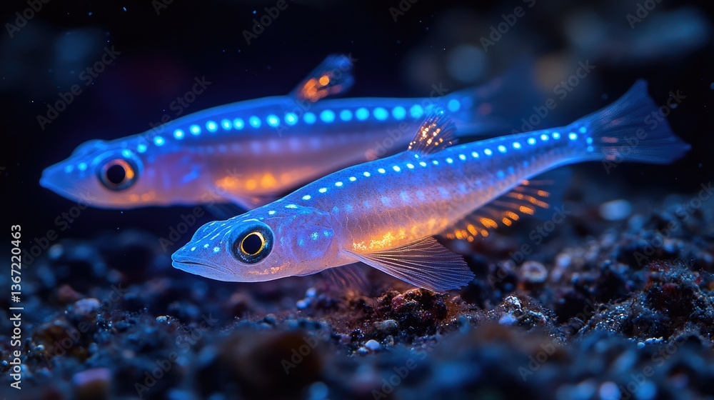 Naklejka premium Glowing fish swim ocean floor, dark background, aquarium use