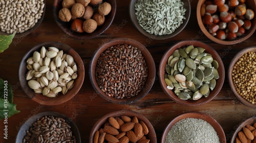 Variety of seeds and nuts in small bowls Variety of seeds and nuts in small bowls
