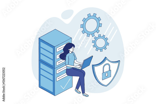 Secure Data Management Illustration. Woman on Server with Laptop, Surrounded by Digital Files, Gears, Cybersecurity Shield Flat Style, Technology, Protection, and System Processes.