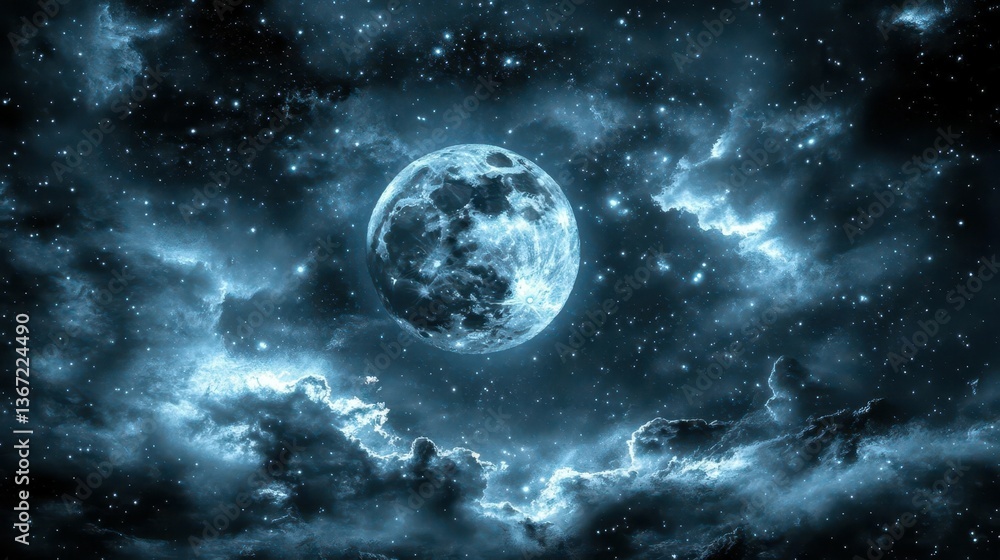 Obraz premium Illuminated Moon Surrounded by Dark Clouds and Stars in a Mystical Night Sky