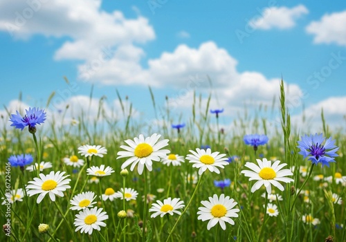 A picturesque meadow with white daisies and blue cornflowers set against a blue sky with scattered clouds
