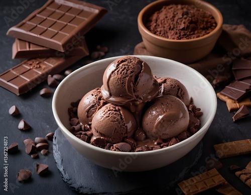 Bowl of Chocolate Ice Cream with Chocolate Pieces and Bars