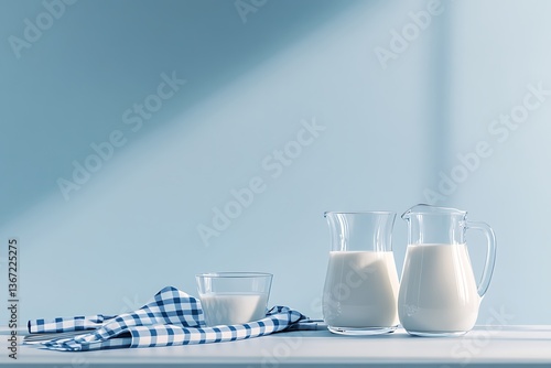 Still Life of Glass Milk Pitchers with Blue Gingham Cloth on White Surface