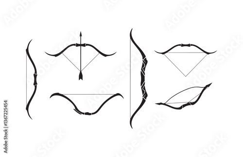 Hunting gear silhouettes of archery equipment including recurved and longbow vectors perfect for posters and games