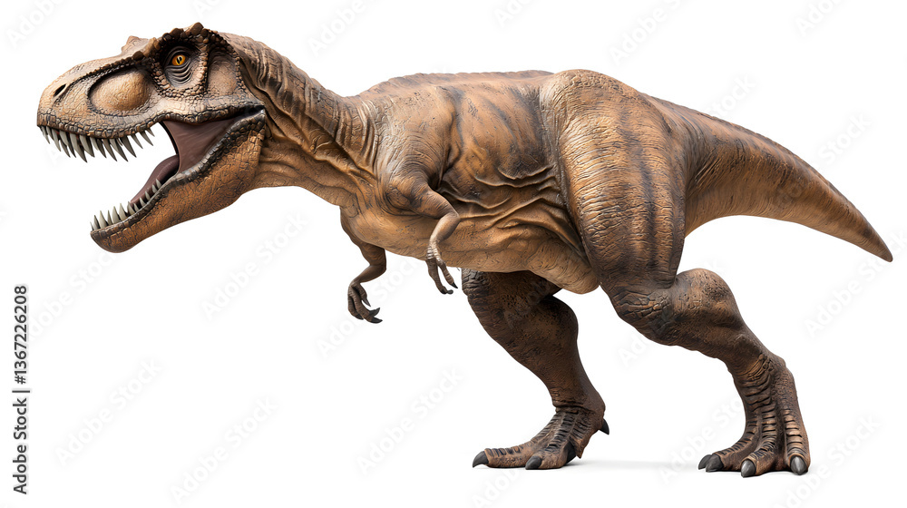 Photo of a T-Rex in full height isolated on a white background.
Photo of a T-Rex in full height isolated on a white background.