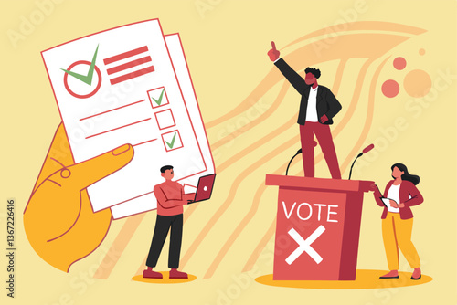 Hand Casting Ballot Into Vote Box - Election Voting Process with Checked Ballots and Paper Voting Forms
