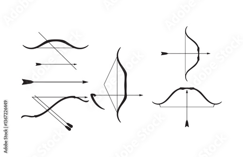 Bow and arrow black silhouettes in bold outlines for primitive hunting, archery sports, and medieval battle concepts