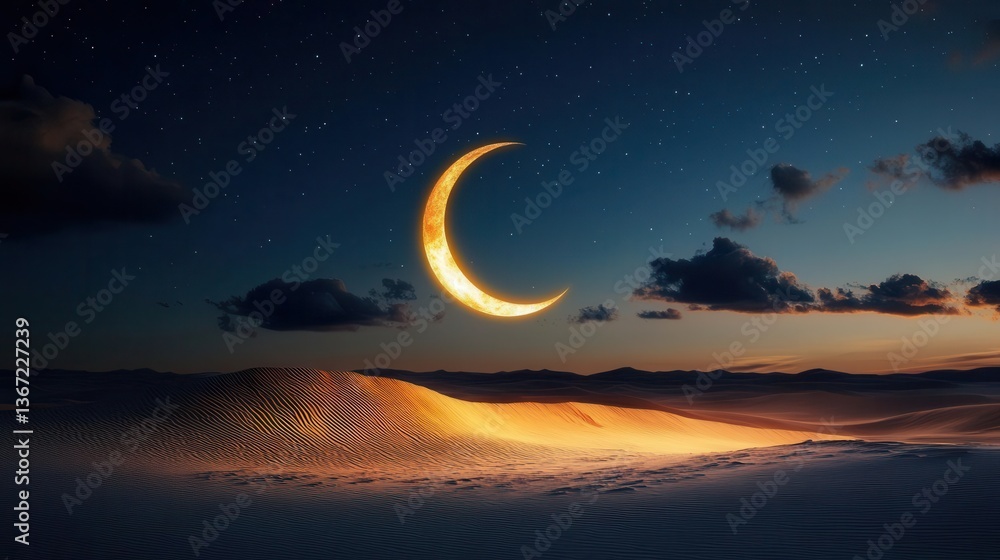 Serene Crescent Moon Illuminating Sand Dunes Under Starry Night Sky in Desert Landscape Serene Crescent Moon Illuminating Sand Dunes Under Starry Night Sky in Desert Landscape