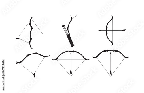 Minimalist silhouette illustrations of various bows and arrows including classic longbows, sport bows, and ancient tribal weapons in vector format