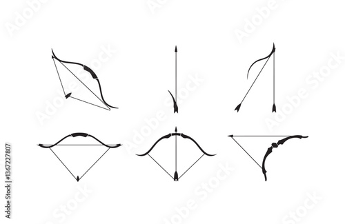 Bow and arrow silhouettes including ancient longbows, hunting bows, and recurve designs for game UI, archery-themed posters, and historical vector resources