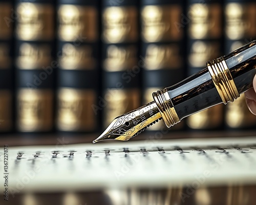 Fountain pen poised above paper with faint text, with a blurred row of books in the background