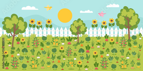Gardening, farming and agriculture concept banner. Garden with trees and different vegetables. Regenerative sustainable farming concept. Vector flat illustration.
