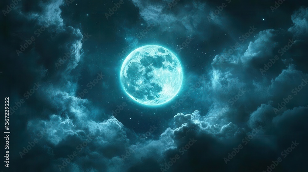 Illuminated Blue Moon Shining Brightly Through Dark Clouds in a Night Sky Illuminated Blue Moon Shining Brightly Through Dark Clouds in a Night Sky