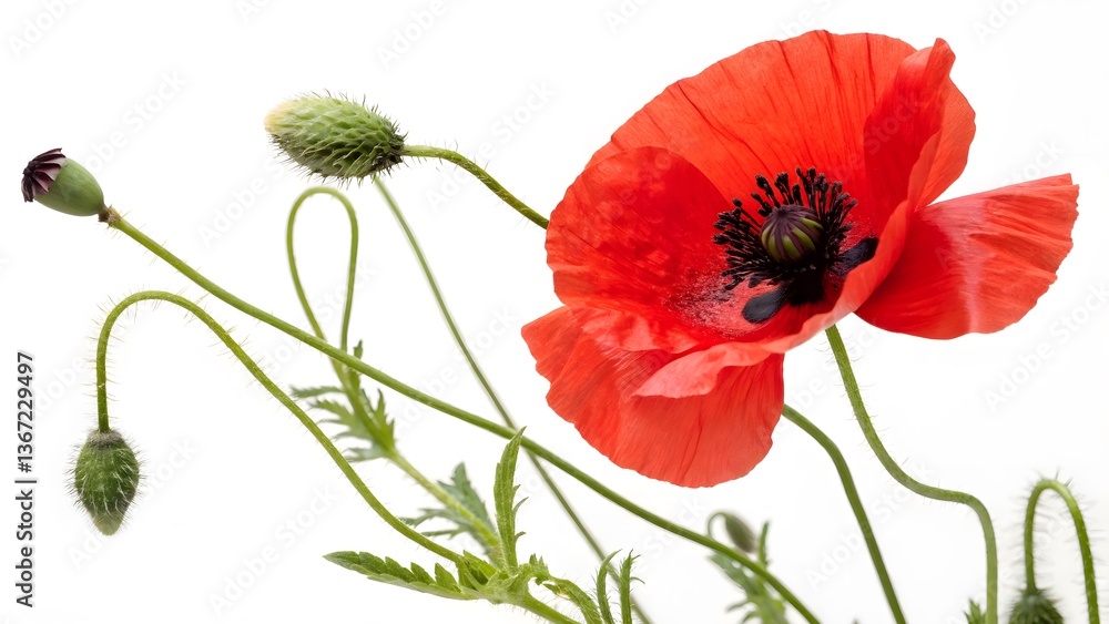 Fototapeta premium Field Poppy with Bright Red Petals and a Black Center, Isolated on a White Background, symbolizing remembrance and resilience, High-Quality Nature-Inspired Stock Image