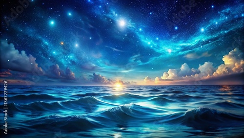 Abstract Night Sea Background: Deep Blue Ocean Waves, Starry Sky Reflection