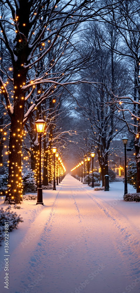 Snowy park pathway lined with glowing street lamps and trees wrapped in warm fairy lights, creating a magical winter evening ambiance. Ai generative Snowy park pathway lined with glowing street lamps and trees wrapped in warm fairy lights, creating a magical winter evening ambiance. Ai generative