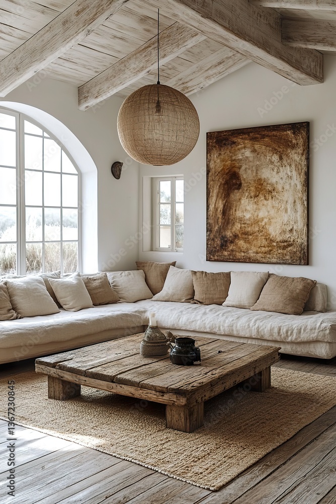 Fototapeta premium Interior Design Magazine Mockup with Large Wall Art, Beige and White Palette, Soft Natural Lighting, Simple Wooden Coffee Table with Plants, Modern Boho-Style Living Room, Minimalist Decor, Large Hang