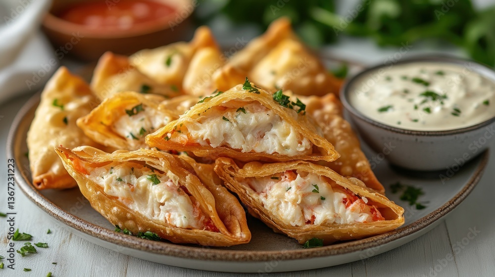 Crispy fried wonton appetizers filled with creamy crab dip, served with two dipping sauces. Crispy fried wonton appetizers filled with creamy crab dip, served with two dipping sauces.