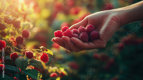 Close-up of hand picking fresh raspberries at sunrise in lush garden