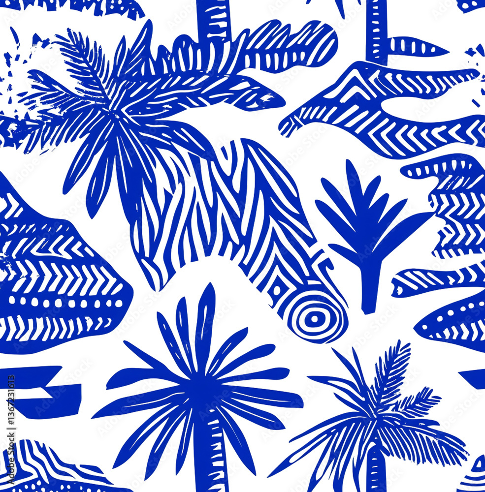 Fototapeta premium Blue and white Hawaiian floral seamless pattern