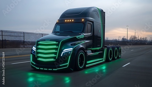 Wallpaper Mural Futuristic black semi-truck with green neon lights driving on highway at dusk. Torontodigital.ca