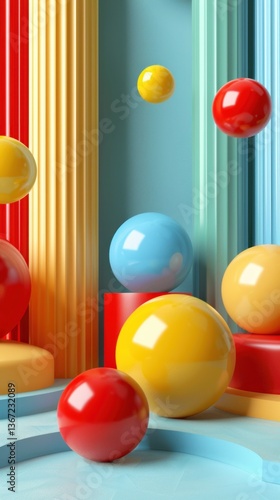 Colorful balls falling on a vibrant, geometric backdrop with columns and platforms. Use for product display
