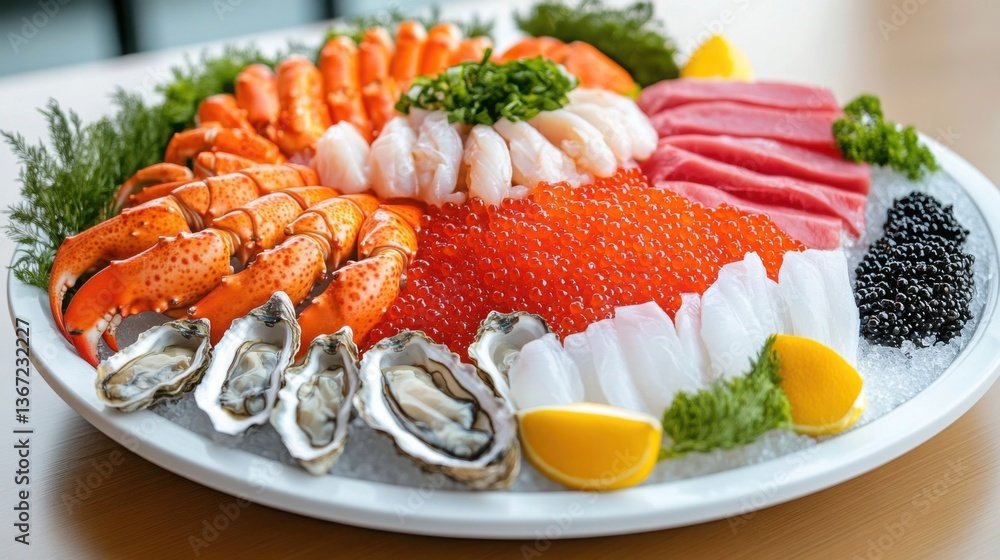Extravagant seafood platter with oysters, caviar, lobster, and king crab legs, decorated with ice sculptures and edible flowers Extravagant seafood platter with oysters, caviar, lobster, and king crab legs, decorated with ice sculptures and edible flowers