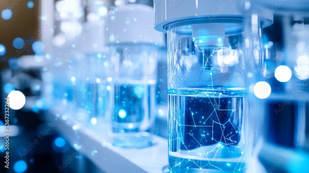 An AI powered water purification system analyzing pollutants in real time and adjusting filtration methods accordingly, glowing water analysis interface, real-time purification tracking An AI powered water purification system analyzing pollutants in real time and adjusting filtration methods accordingly, glowing water analysis interface, real-time purification tracking