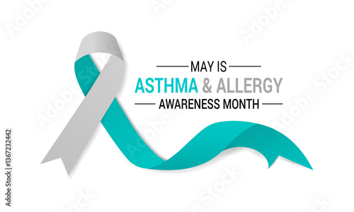 Vector graphic of the theme of asthma and allergy awareness month background design template. Wheezing, coughing, allergic reactions. Realistic ribbon, Stethoscope with Inhalers. Web Banner.