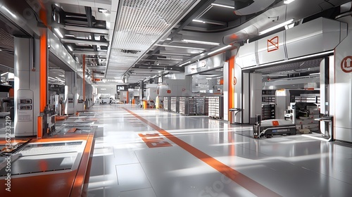A highly efficient and technologically advanced distribution center with automated conveyor belts and neatly stacked pallets