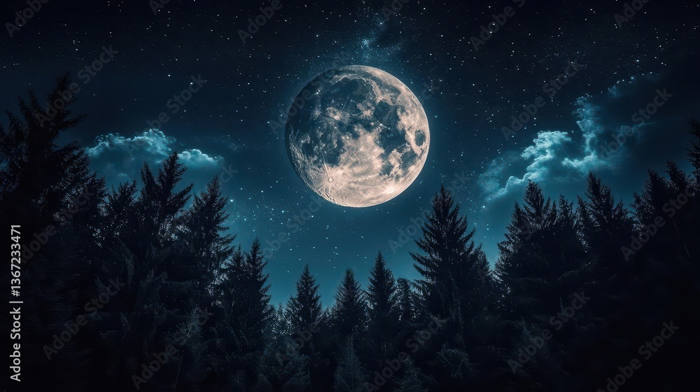 Illuminated Full Moon Shining Over Dark Forest with Starry Night Sky Illuminated Full Moon Shining Over Dark Forest with Starry Night Sky